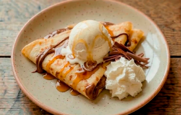 Crepe relleno de Nutella con sirope, nata y helado